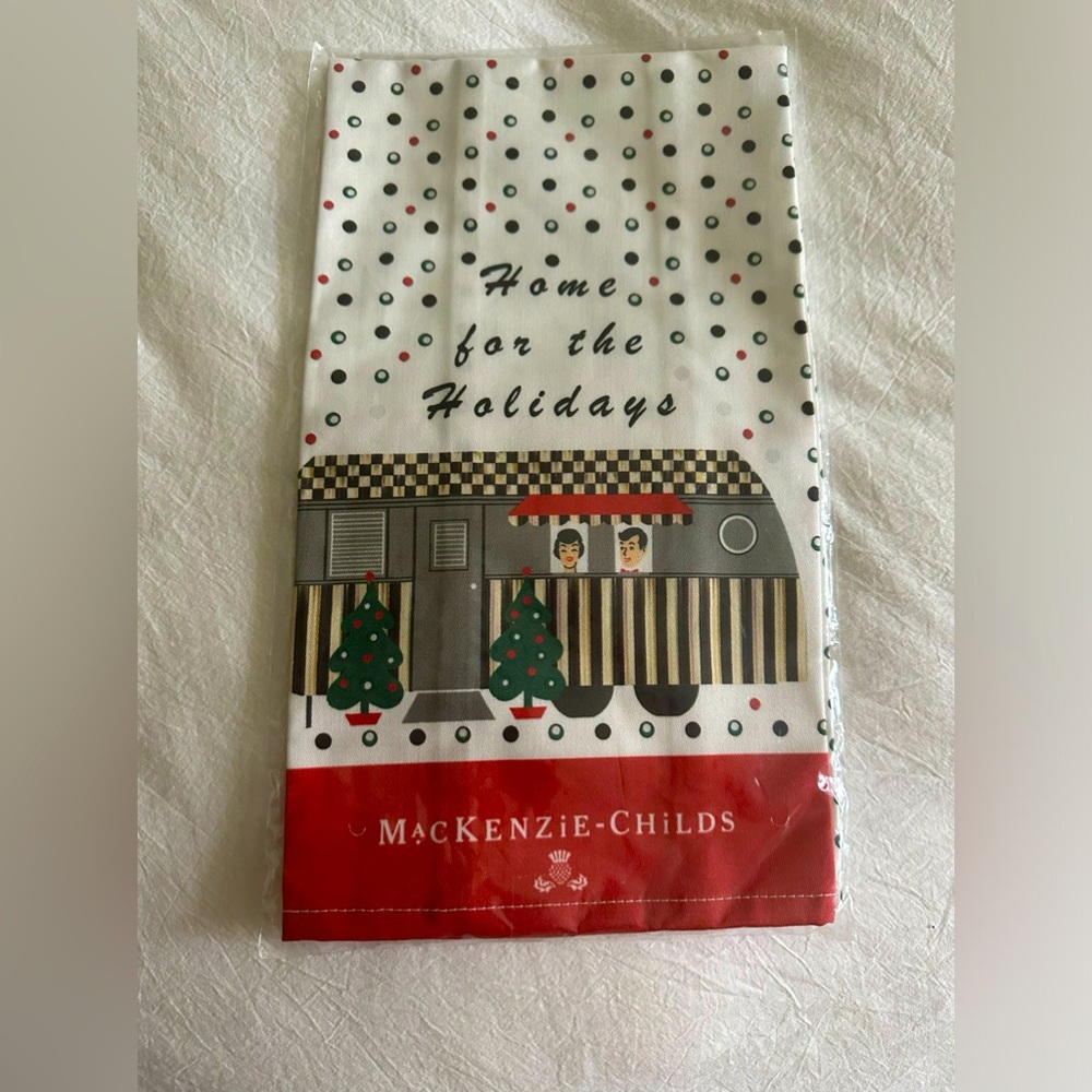 RETIRED Mackenzie-Childs Christmas HOLIDAY CAMPER/HOME FOR HOLIDAYS Dish Towel.